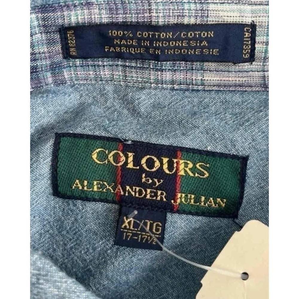 NWT Alexander Julian Mens Blue Plaid Button-Down Shirt Long Sleeve Vintage - Picture 8 of 8